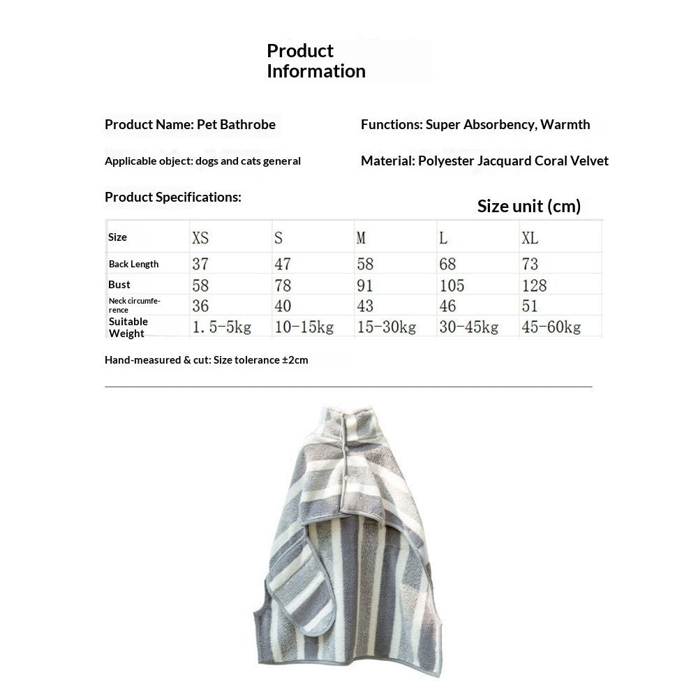 Coral fleece dog bathrobe towel, super absorbent dog towel, adjustable, suitable for smallto large dogs (XS gray stripes)