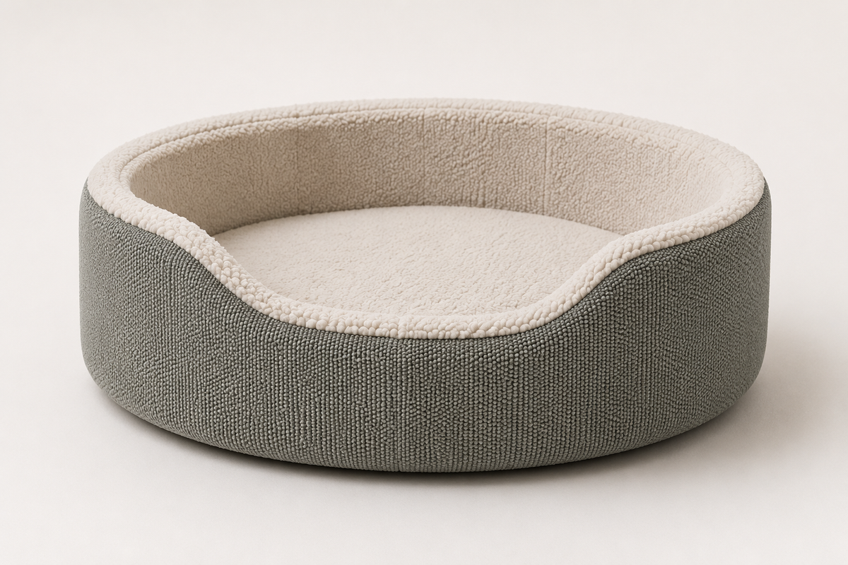 The Haven premium orthopaedic dog bed in Stone styled in a modern Australian living room.