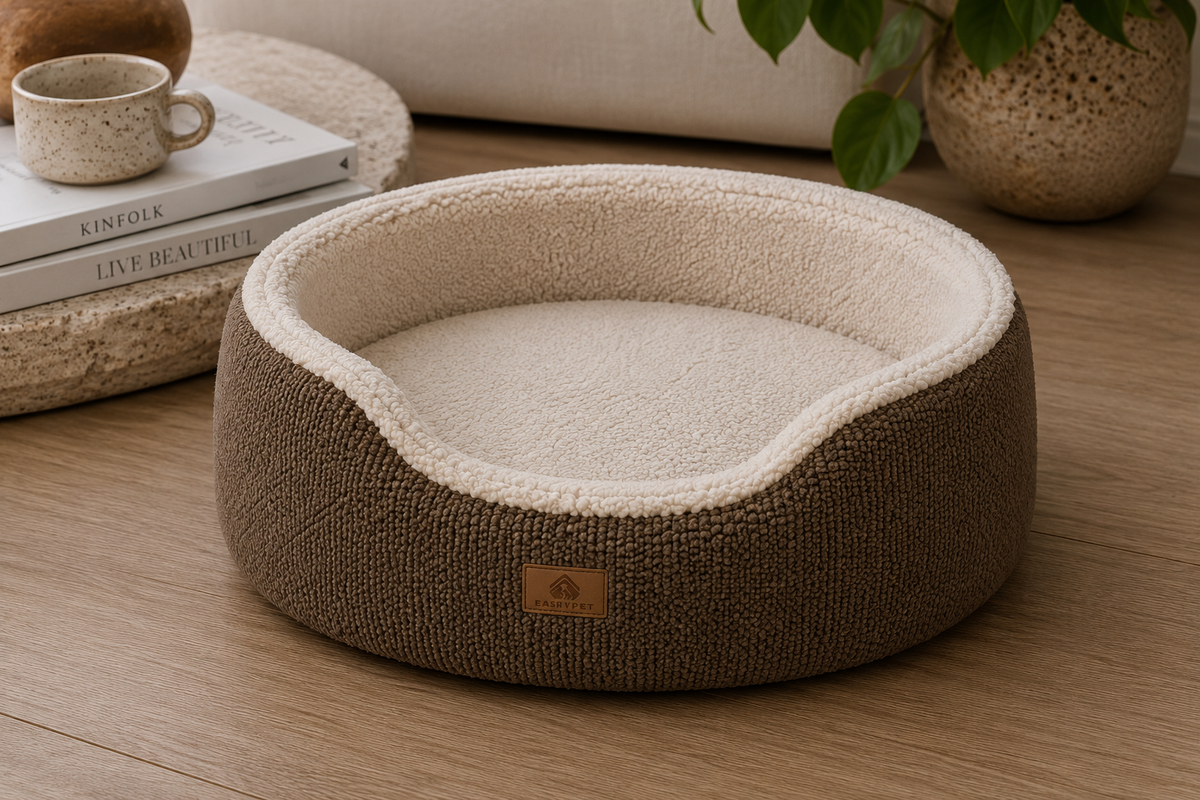 The Haven premium orthopaedic dog bed in Stone styled in a modern Australian living room.