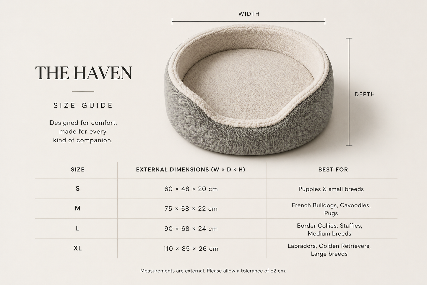 The Haven dog bed size guide showing dimensions for sizes S, M, L and XL.