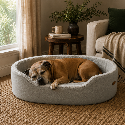 The Haven premium orthopaedic dog bed in Stone styled in a modern Australian living room.