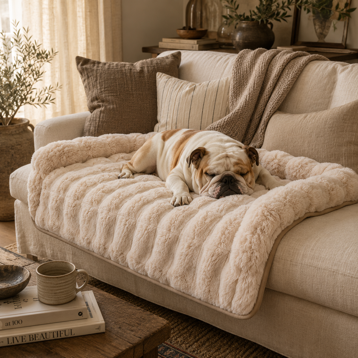 Luxury plush dog blanket protecting a linen sofa with a sleeping English Bulldog.