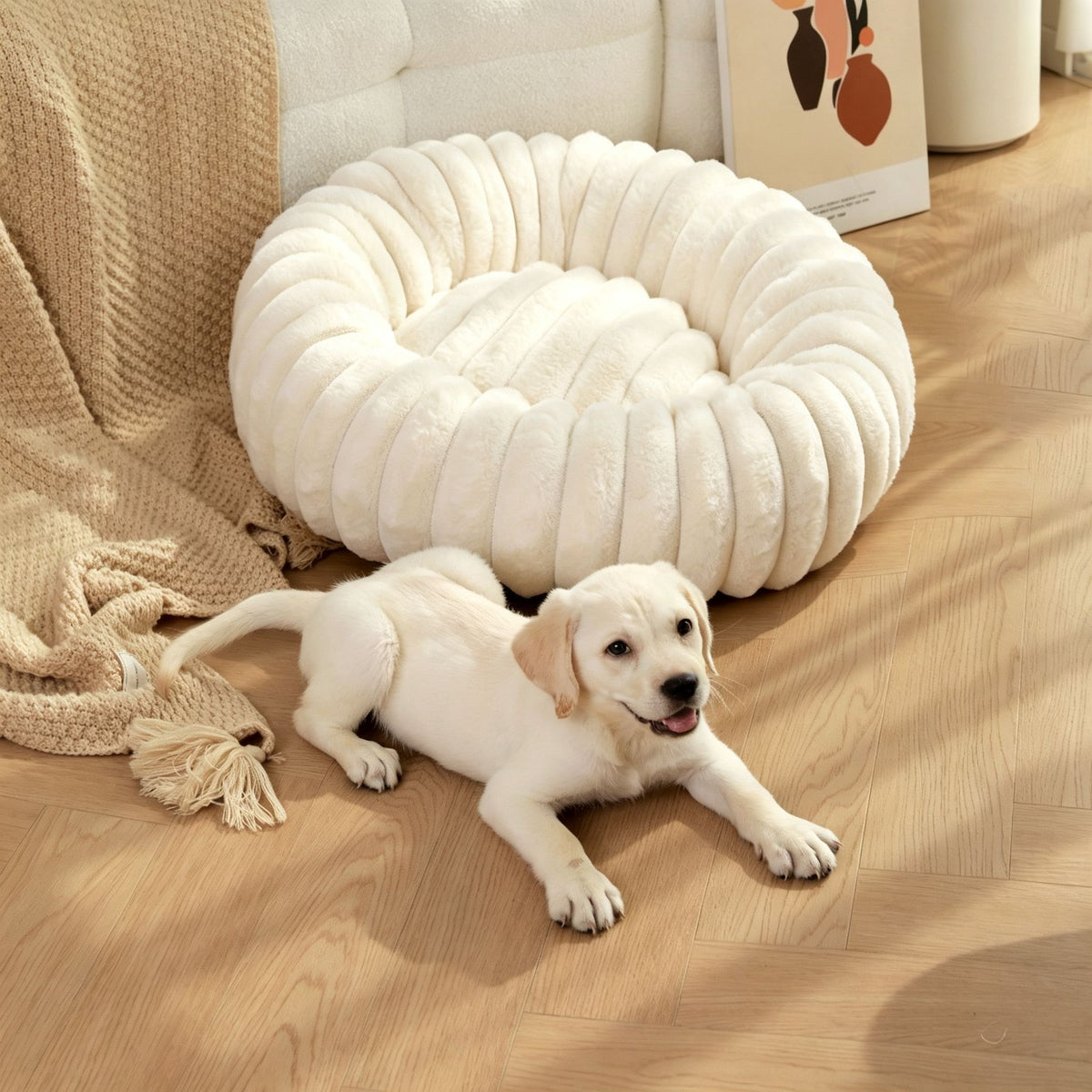 High‑Grade Rabbit Fleece White 50cm Round Pet Bed | Christmas Elegant Pet Gift | High‑Density Long Plush Cat Nest Puppy Sleeping Cushion
