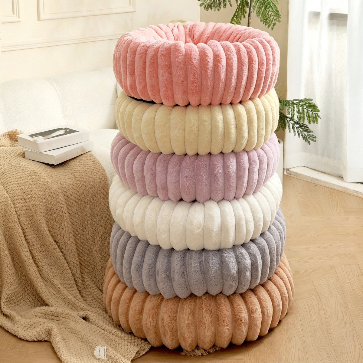 High‑Grade Rabbit Fleece White 50cm Round Pet Bed | Christmas Elegant Pet Gift | High‑Density Long Plush Cat Nest Puppy Sleeping Cushion