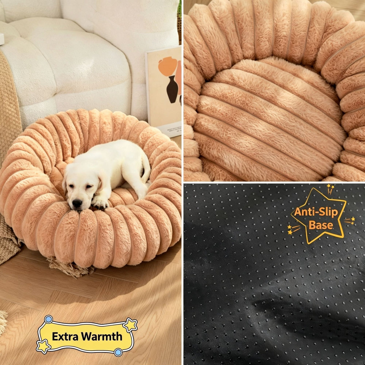 High‑Grade Rabbit Fleece White 50cm Round Pet Bed | Christmas Elegant Pet Gift | High‑Density Long Plush Cat Nest Puppy Sleeping Cushion