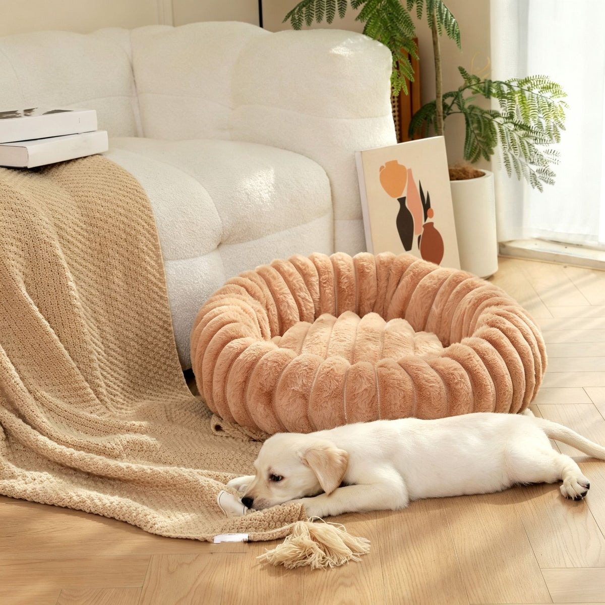 High‑Grade Rabbit Fleece White 50cm Round Pet Bed | Christmas Elegant Pet Gift | High‑Density Long Plush Cat Nest Puppy Sleeping Cushion