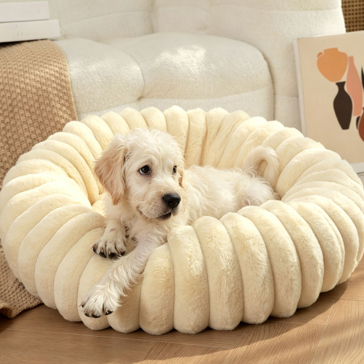 High‑Grade Rabbit Fleece White 50cm Round Pet Bed | Christmas Elegant Pet Gift | High‑Density Long Plush Cat Nest Puppy Sleeping Cushion