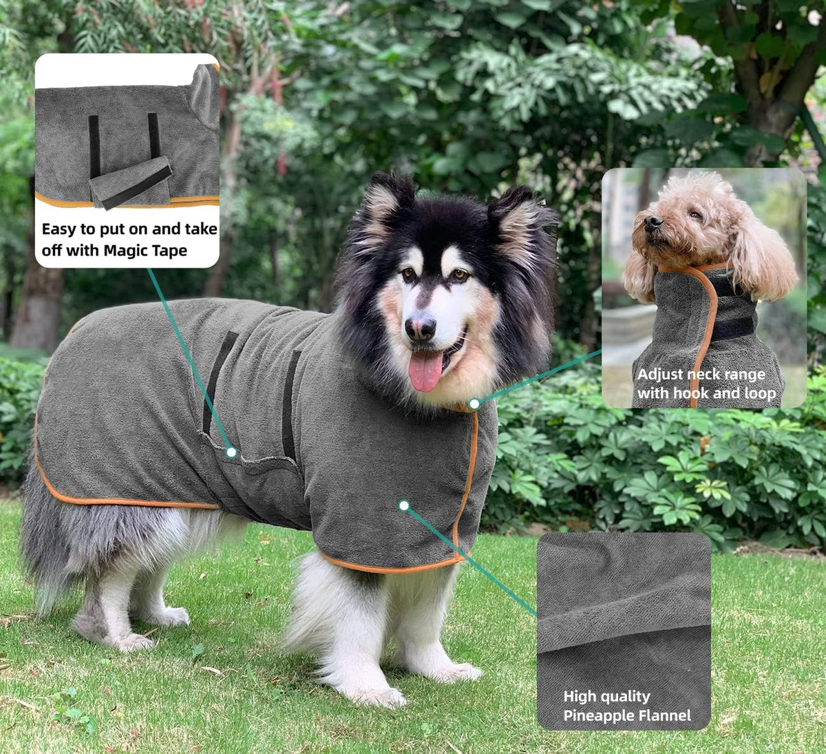 Dog Bathrobe - 1 Piece - Size M - Grey with Orange Piping - Absorbent Dog Towel - Adjustable Strap Dog Robe - Pet Drying Coat