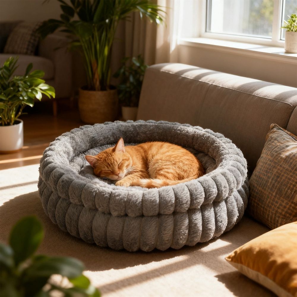 Winter Plush Round Pet Bed Soft Flock Cat Dog Bed Curved Wall Neck Support Non-Slip Base Detachable Washable Calming Pet Bed for Small Cats Dogs Indoor Sleep Rest Pet Nest Decor Supplies Favor
