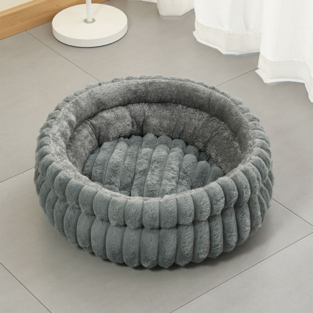 Winter Plush Round Pet Bed Soft Flock Cat Dog Bed Curved Wall Neck Support Non-Slip Base Detachable Washable Calming Pet Bed for Small Cats Dogs Indoor Sleep Rest Pet Nest Decor Supplies Favor