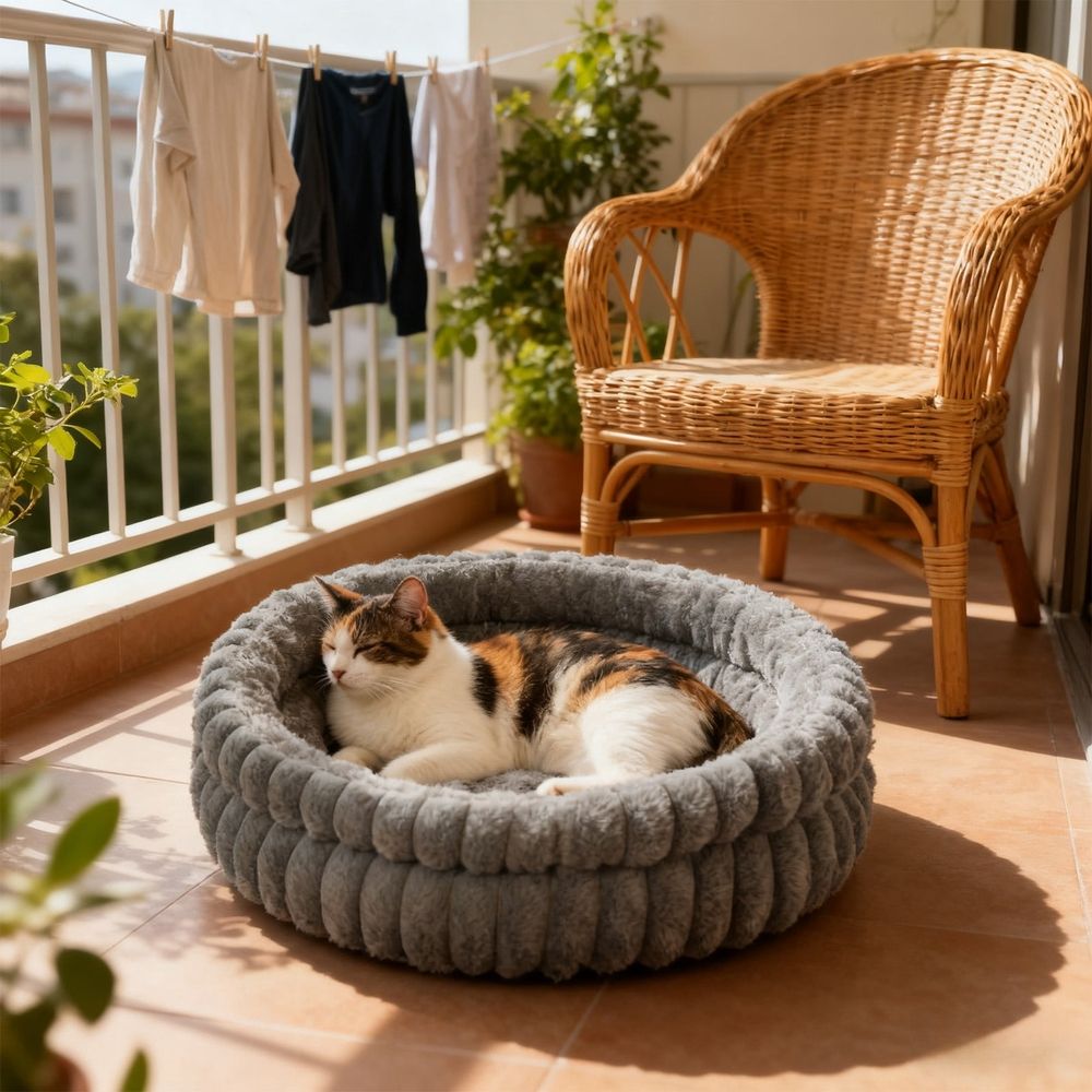 Winter Plush Round Pet Bed Soft Flock Cat Dog Bed Curved Wall Neck Support Non-Slip Base Detachable Washable Calming Pet Bed for Small Cats Dogs Indoor Sleep Rest Pet Nest Decor Supplies Favor