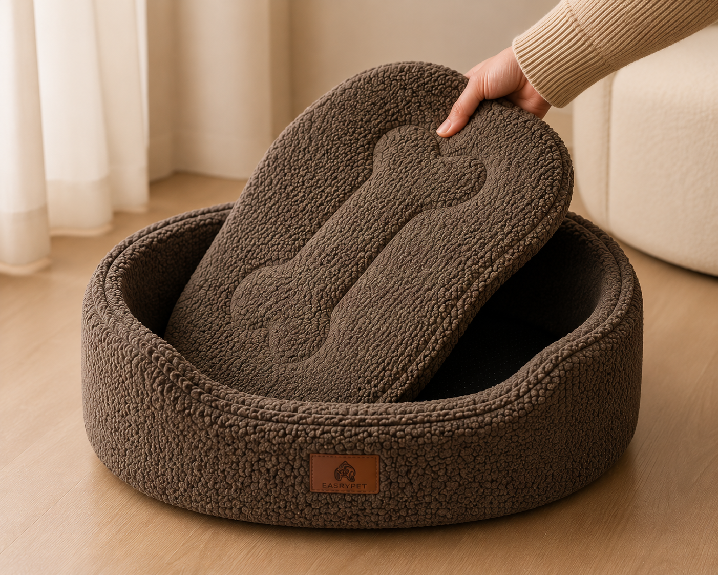 Removable cushion being lifted from The Haven premium dog bed in Truffle.